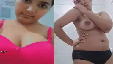 Chubby girl wears bra and new dresses before nude